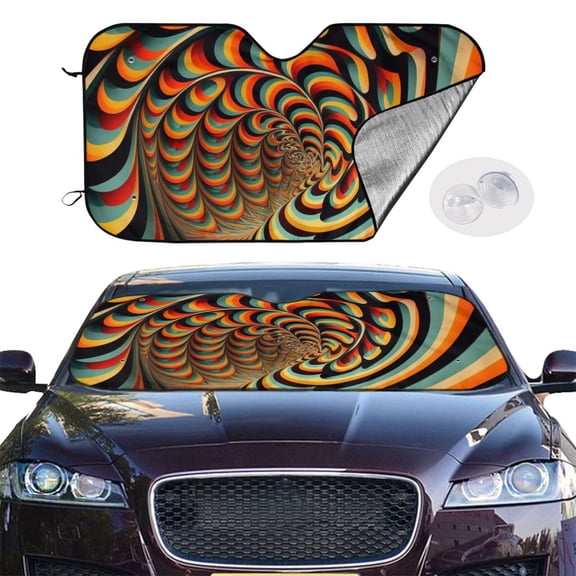 Reflective Car Windshield Sunshade, Heat Protector Accordion Sun Visor with Suction Cups for Cars, SUVs, Trucks, Spiral Trippy Illusion Psychedelic Optical