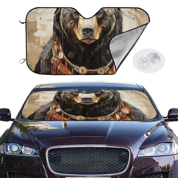 Reflective Car Windshield Sunshade, Heat Protector Accordion Sun Visor with Suction Cups for Cars, SUVs, Trucks, Bear Rustic Lodge Southwestern Art