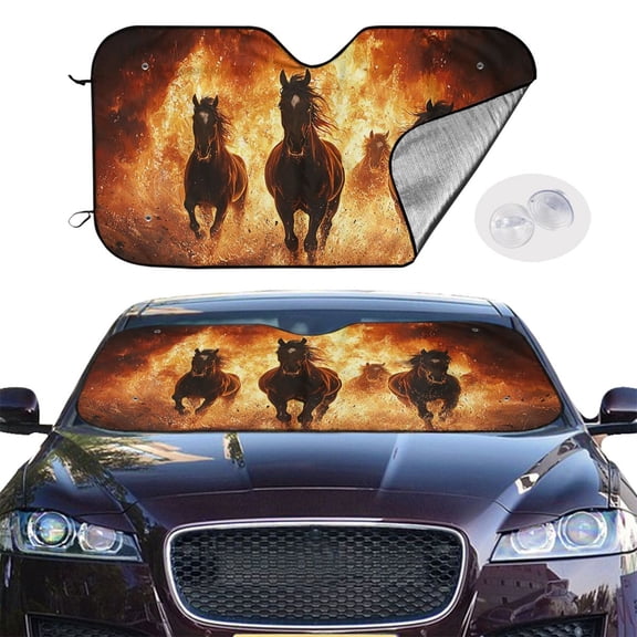 Reflective Car Windshield Sunshade, Heat Protector Accordion Sun Visor with Suction Cups for Cars, SUVs, Trucks, Horses Fire Flame Burning