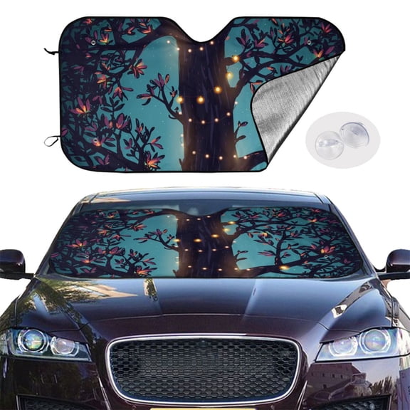 Reflective Car Windshield Sunshade, Heat Protector Accordion Sun Visor with Suction Cups for Cars, SUVs, Trucks, Magical Lights On The Tree