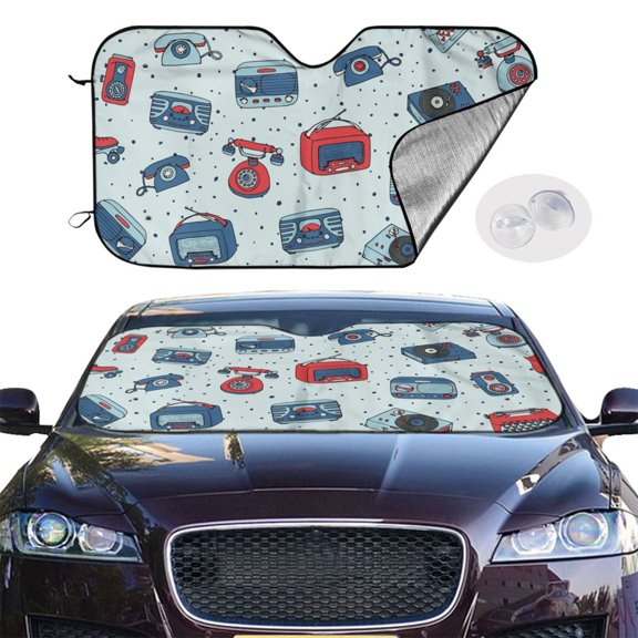 Reflective Car Windshield Sunshade, Heat Protector Accordion Sun Visor with Suction Cups for Cars, SUVs, Trucks, Retro Antique Tech Radio