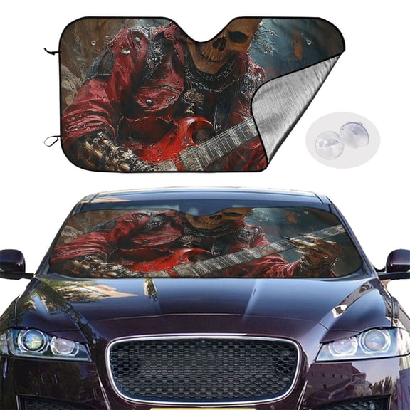 Reflective Car Windshield Sunshade, Heat Protector Accordion Sun Visor with Suction Cups for Cars, SUVs, Trucks, Skeleton Skull Heavy Metal Music