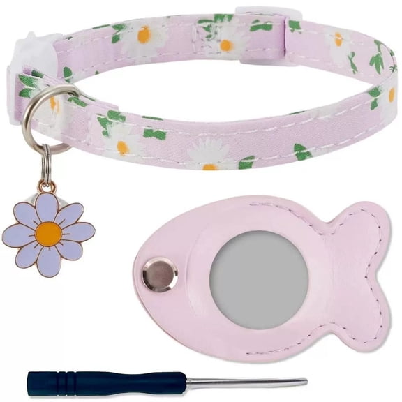 Reflective Cat Collar Compatible with Tracking Devices Adjustable PU Leather Safety Neck Strap with Removable Bell and Fish Pattern Charm Pendant