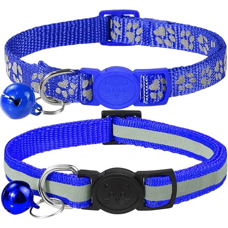 Reflective Cat Collars Breakaway with Bell, 2 Pack Girl Boy Pet Kitten Collar Adjustable 6-8 Inch, NavyBlue