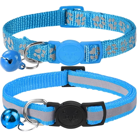 Reflective Cat Collars Breakaway with Bell, 2 Pack Girl Boy Pet Kitten Collar Adjustable 6-8 Inch, SkyBlue