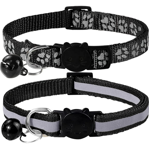Reflective Cat Collars Breakaway with Bell, 2-Pack Girl Boy Pet Kitten Collar Adjustable 7.5-12.5 Inch, Black