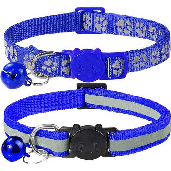 Reflective Cat Collars Breakaway with Bell, 2-Pack Girl Boy Pet Kitten Collar Adjustable 7.5-12.5 Inch, Navy Blue