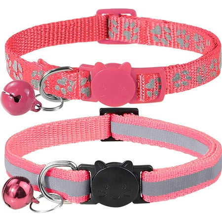 Reflective Cat Collars Breakaway with Bell, 2-Pack Girl Boy Pet Kitten Collar Adjustable 7.5-12.5 Inch, Pink