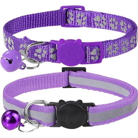 Reflective Cat Collars Breakaway with Bell, 2-Pack Girl Boy Pet Kitten Collar Adjustable 7.5-12.5 Inch, Purple
