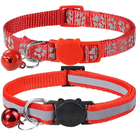 Reflective Cat Collars Breakaway with Bell, 2-Pack Girl Boy Pet Kitten Collar Adjustable 7.5-12.5 Inch, Red