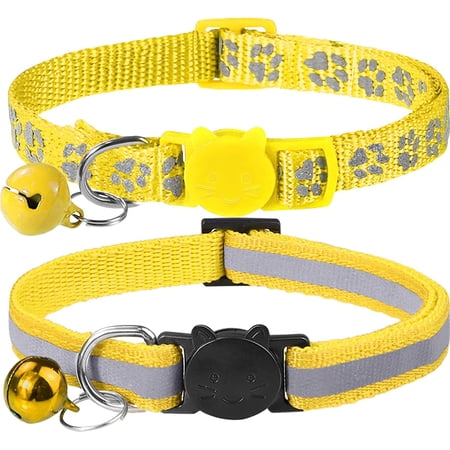Reflective Cat Collars Breakaway with Bell, 2 Pack Girl Boy Pet Kitten Collar Adjustable 7.5-12.5 Inch Yellow