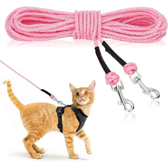 Reflective Cat Long Leash 15 FT Escape Proof Walking Leads Yard Leashes Durable Safe Personalized Extender Traning Play Outdoor for Kitten, Puppy, Rabbit and Small Animals(Pink-S)