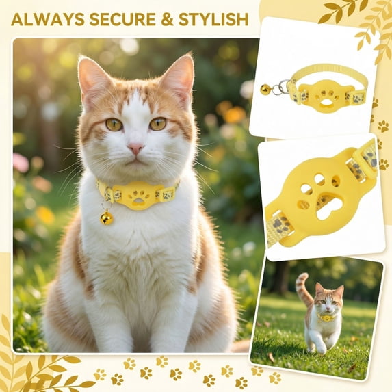 Reflective Cat and Small Dog Collar with Protective Holder for Tracking Tag, Anti-Lost Adjustable Pet Neck Strap with Bell, Lightweight Deformation-Resistant Design, Yellow