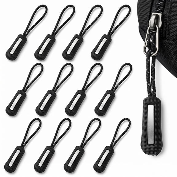 JOINJOYQUE 12 Pack Reflective TPU Zipper Pull Replacement, Zipper Extender for Backpacks, Jackets and Luggage,Black
