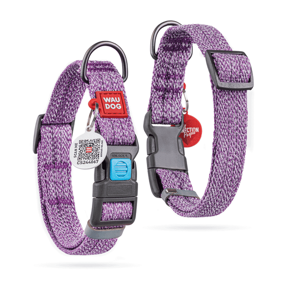Reflective Cotton Dog Collar Eco-Friendly Alt to Nylon Collar for Small Medium and Large Dogs | Pet Collar with QR Tag - Puppy Collar for Large Breed Dogs - Adjustable Male Female Dog Collar - Purple