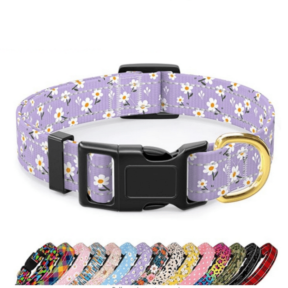 Reflective Dog Collar for Large Dogs, Cute Flower Theme Adjustable Heavy-Duty Nylon Puppy Collar for Boy and Girl Female, Soft Pet Accessories with Quick Release Buckle, Purple White