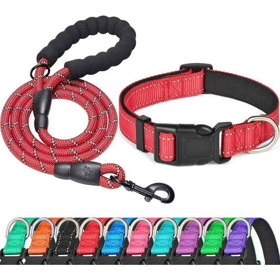 Reflective Dog Collar Padded with Soft Neoprene Breathable Adjustable Nylon Dog Collars for Small Medium Large Dogs (X-Small (Pack of 1), Blue Collar+Leash)