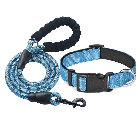 Reflective Dog Collar Padded with Breathable Adjustable Nylon Soft Dog Collars (Collar+Leash)