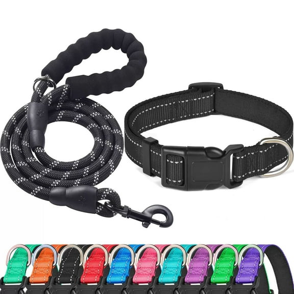 Reflective Dog Collar Padded with Soft Neoprene Breathable Adjustable Nylon Dog Collars for Small Medium Large Dogs ( Medium, Black Collar+Leash )