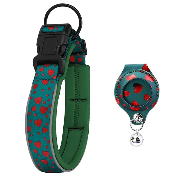 Reflective Dog Collar with Removable Airtag Protective Case WaterProof Pitbull French Bulldog Necklace Anti-Lost Dog Accessories (Cyan Love 1 Case,XL (3.0x48-55cm))