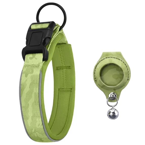 Reflective Dog Collar with Removable Airtag Protective Case WaterProof Pitbull French Bulldog Necklace Anti-Lost Dog Accessories (Green 1 Case,S (2.5x30-37cm))