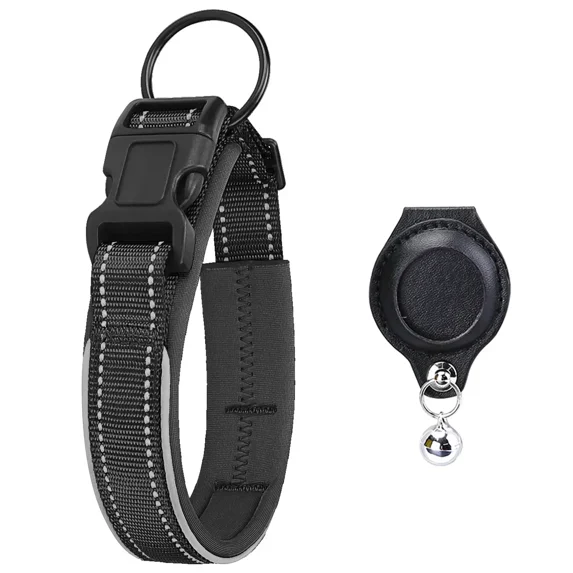 Reflective Dog Collar with Removable Airtag Protective Case WaterProof Pitbull French Bulldog Necklace Anti-Lost Dog Accessories (Black 1 Case,M (3.0x37-45cm))