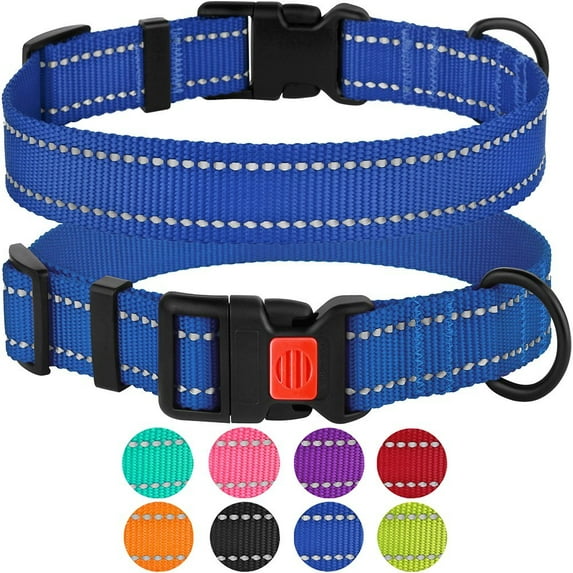 Reflective Dog Collar Safety Nylon Collars for Large Dogs with Buckle, Blue