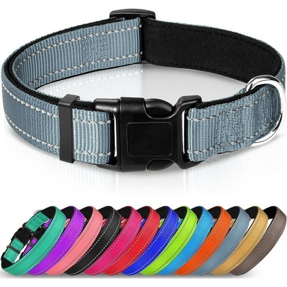 Reflective Dog Collar,Soft Neoprene Padded Breathable Nylon Pet Collar Adjustable for Large Dogs,Gray,L