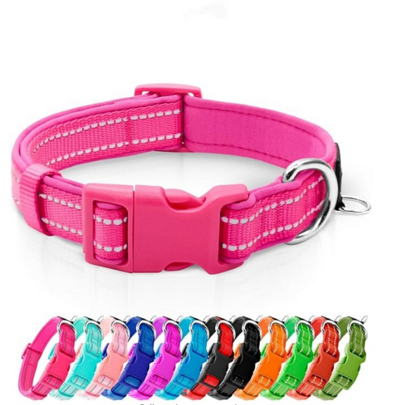 Reflective Dog Collar,Soft Neoprene Padded Pet Collar with Tag Ring,Adjustable for Small Dogs,Hot Pink,S