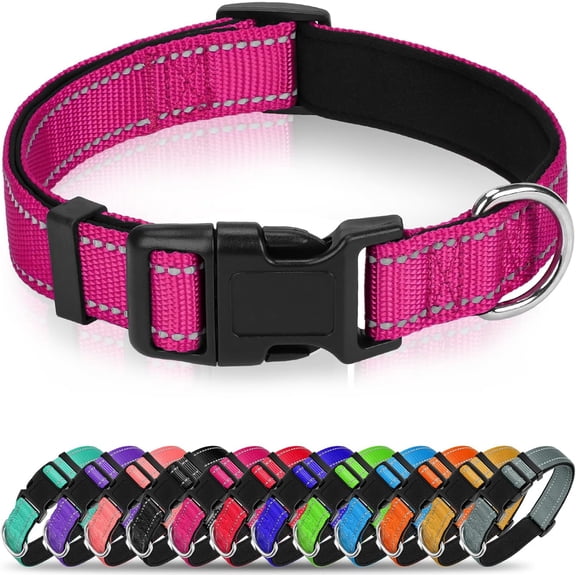 Reflective Dog Collar for Large Dogs, Wide Nylon Adjustable Collar with Soft Padding, Durable Buckle for Pitbull Labrador Retriever,Hotpink,L