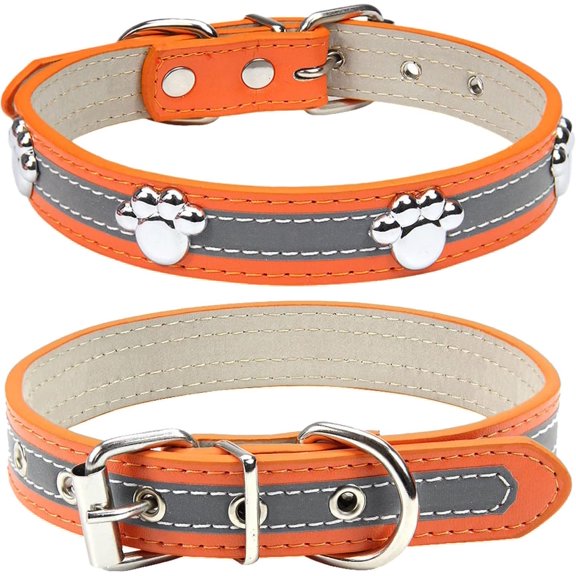 Reflective Dog Collar with Cute Paw Rivet Studded Funny Soft PU Leather Adjustable Puppy Dog Collars for Small Medium Large Dogs Cats