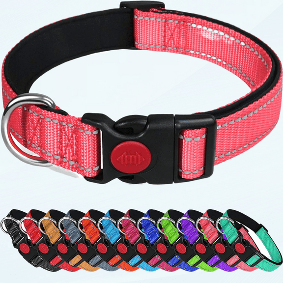 Reflective Dog Collar with Safety Locking Buckle, Adjustable Nylon Pet Collars for Large Dogs Female Male, Pink, L