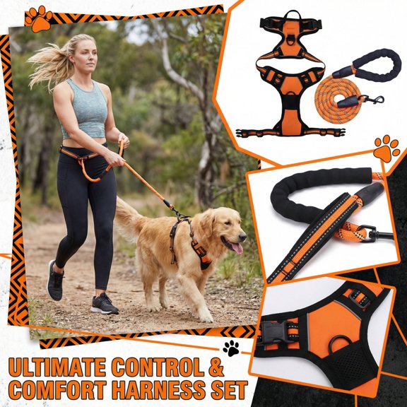 Reflective Dog Harness, Dog Harness and Leash, Mesh Dog Chest Harness, Heavy Duty Straps, Pull Resistance, Orange, 1 Set (162 Chars)