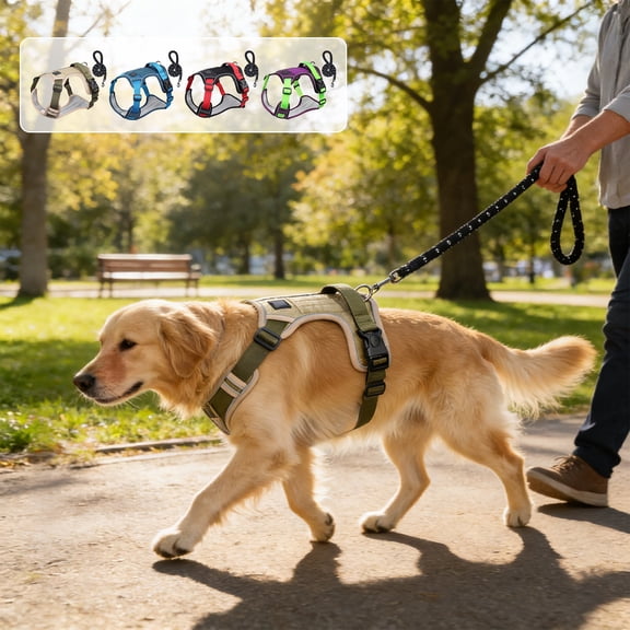 Reflective Dog Harness with Leash Breathable Mesh Adjustable Vest Large Breed Pet Harness for Dogs 28-45 lbs Secure Fit, Fast-Dry, Soft Padding Walking Safety, Khaki/Blue/Purple/Black