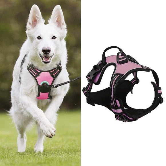 Reflective Dog Harness No Pull Dog Vest Harness With Handle, Breathable Padded Dog Chest Harness Adjustable for Small to Large Dogs, Pink, Size L