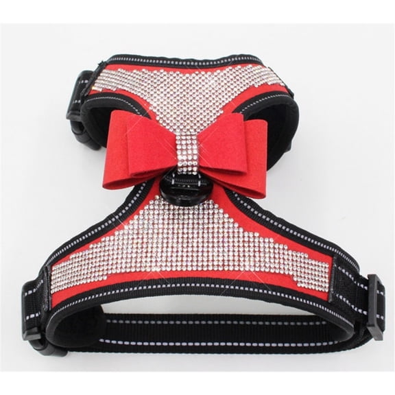 Reflective Dog Harness with Rhinestone, Cute Bling Ties Dog Harness Dog Leash, Reflective Chest Strap with Shiny Bow (M, red)