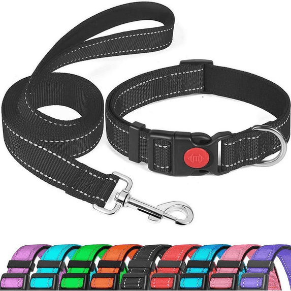 Reflective Dog Leash and Collar Set, Nylon Dogs Leashes Adjustable Dog Collar Heavy Duty Padded Handle Dog Leash for Small Medium Large Dogs Walking Training M Size(Black)