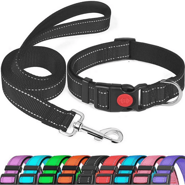 Reflective Dog Leash and Collar Set, Nylon Dogs Leashes Adjustable Dog Collar Heavy Duty Padded Handle Dog Leash for Small Medium Large Dogs Walking Training M Size(Black)