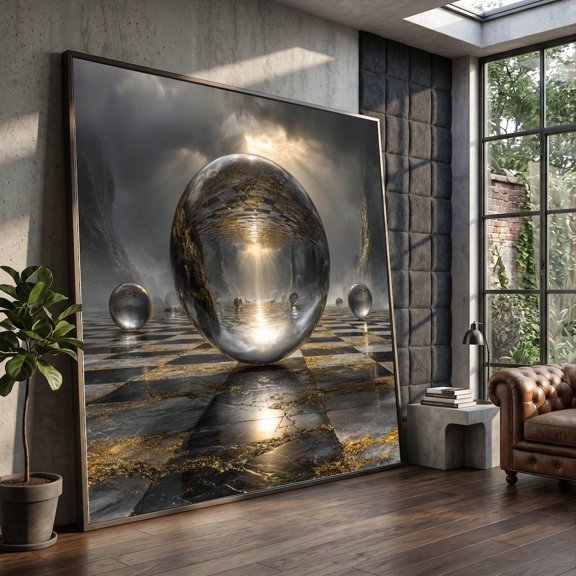Reflective Glass Sphere Art Surreal Marble Floor Art Futuristic Abstract Wall Decor Mystical Light Reflection Modern Home Art, Unframed Paper Print