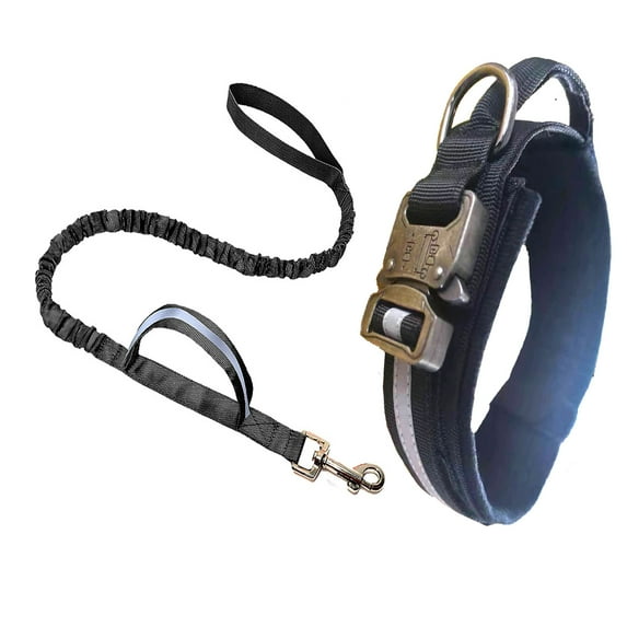 Reflective Heavy Metal Buckle Dog Collar with Bungee Leash Set, Adjustable Controll Handle for Medium and Large Dogs,with 2 Free Patches (Black-Set, XL )