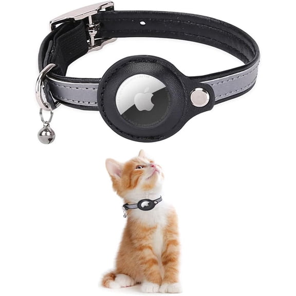 Reflective Leather AirTag Cat Collar, GPS Cat Collar with AirTag Adjustable Holder and Bell Compatible with Apple AirTag, Anti-Lost Cat Tracker Collar for Cats Kittens and Small Dogs (Black)