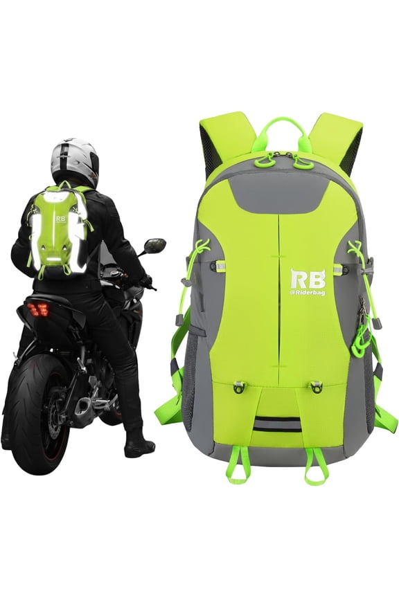Reflective Motorcycle Backpack – Hi Viz EDC Commuter Bag for Riders, Night Travel, and Daily Use with Helmet Holder, Laptop Compartment, Ventilated Back, Urban Gear (green backpack)