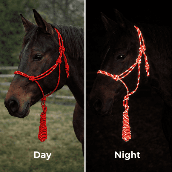 Reflective Nylon Rope Halter with 9Ft Lead | Adjustable Safety Night Glow Horse Halter