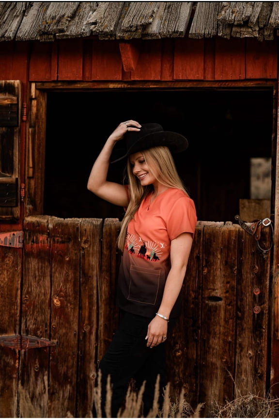 Women's scrub top, Western, Workwear, Uniform, Scrub Sets, Spurrin' Scrubs-Reflective Ombre Scrub Top