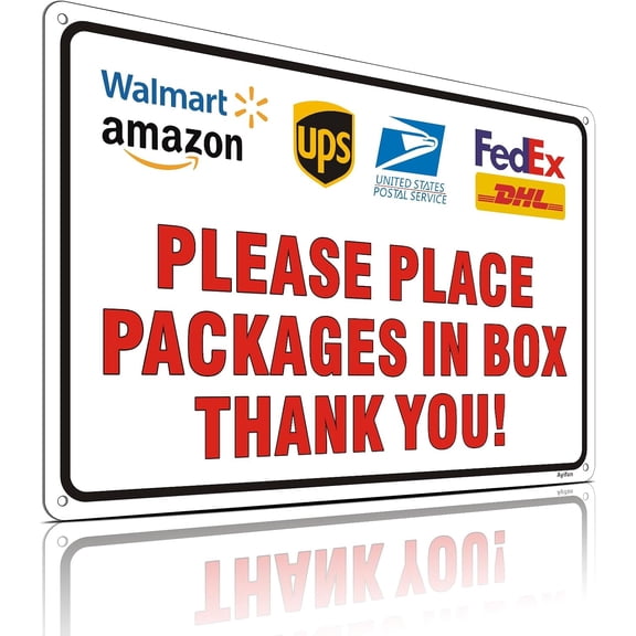Reflective Package Delivery Sign for Outdoor Use, Please Place Packages in Box, Rustproof Weatherproof Aluminum, 12 x 8 Inch, for House Yard Front Door