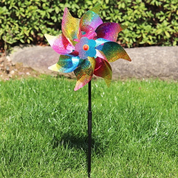 Reflective Pinwheels with Stakes (Pre-Assembled), Extra Sparkly Rainbow Pin Wheel for Garden Decor, Bird Repellent Devices Deterrent to Scare Birds Away from Yard Patio Farm (1pc,Multicolor)