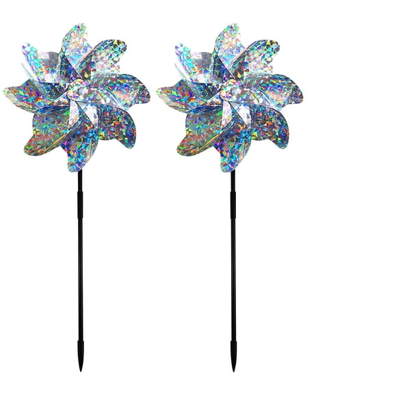 Reflective Pinwheels with Stakes (Pre-Assembled), Extra Sparkly Rainbow Pin Wheel for Garden Decor, Bird Repellent Devices Deterrent to Scare Birds Away from Yard Patio Farm, Colorful(2PC)