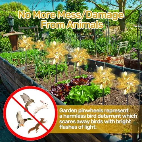 Reflective Pinwheels for Yard and Garden, Pre-Installed Sparkly Blind Birds Pin Wheel, Scare Birds & Animal Away Wind Spinner, 10 Pack (Gold)