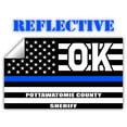 thumbnail image 1 of Reflective Pottawatomie County Oklahoma OK Thin Blue Line Stealthy Old Glory USA Flag | Honoring Law Enforcement Officers Sheriffs | County State Decal Bumper Sticker 3M Vinyl 3" x 5", 1 of 3