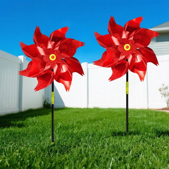 Reflective Red Windmill, Garden Bird Deterrent Pinwheel, Sparkling Rotating Yard Decoration for Outdoor Use, 21.7 Inch, 2 Pack